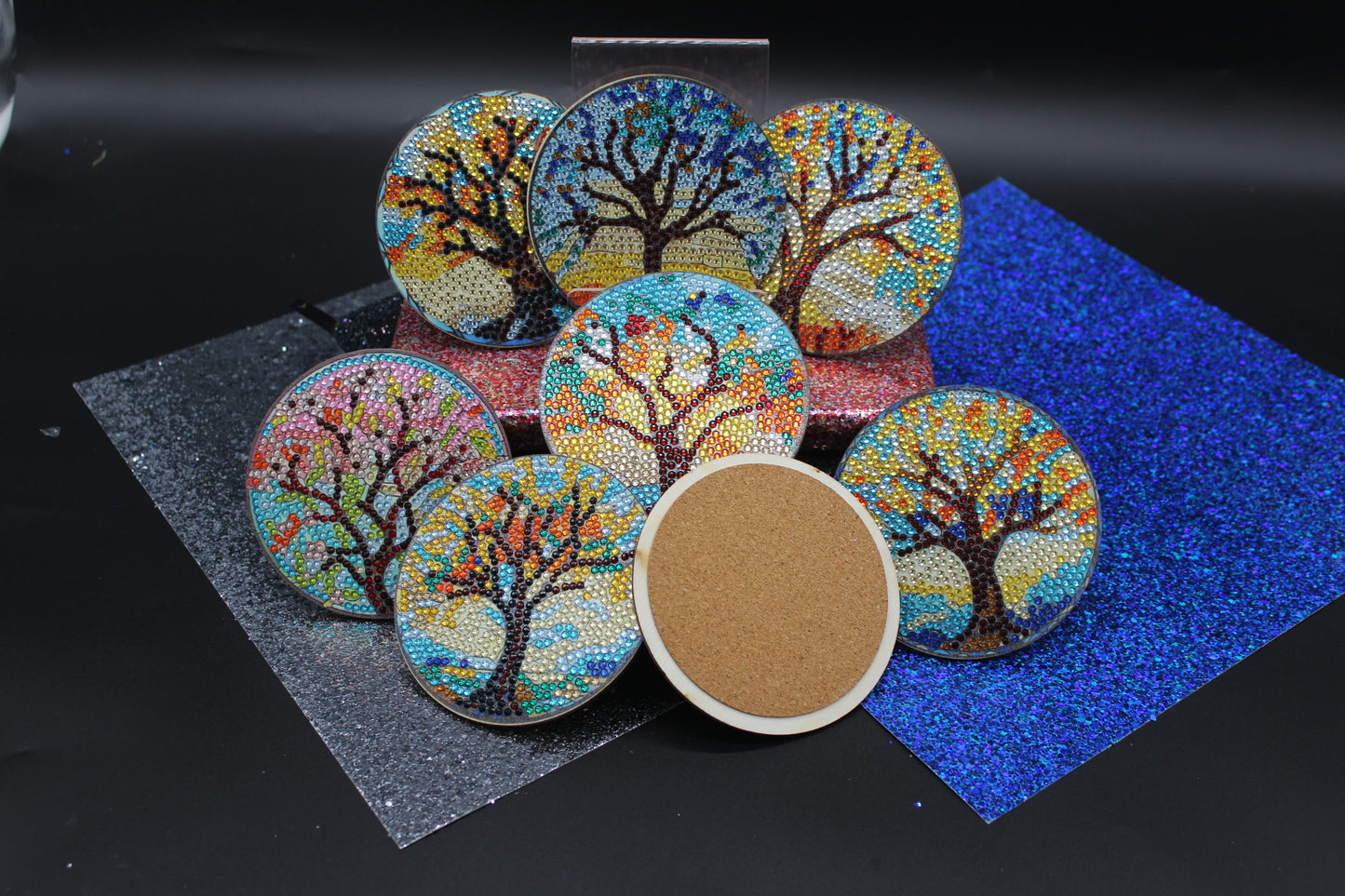 Great Colorful Tree of Life Coasters (8pcs) set with Metal Stand