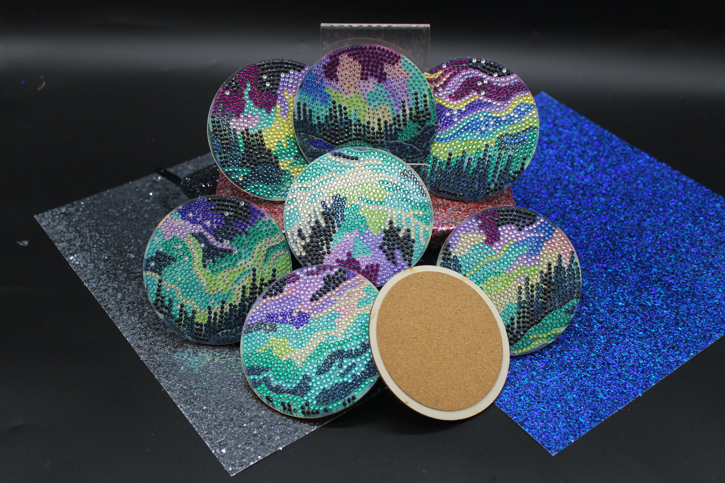 Great Colorful Aurora Borealis (8pcs) Coaster set with Metal Stand
