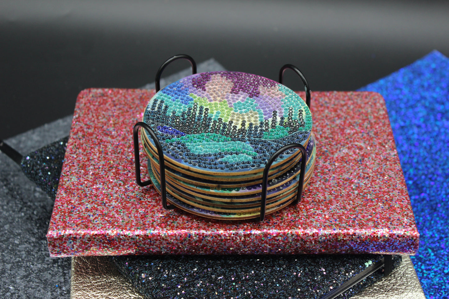 Great Colorful Aurora Borealis (8pcs) Coaster set with Metal Stand