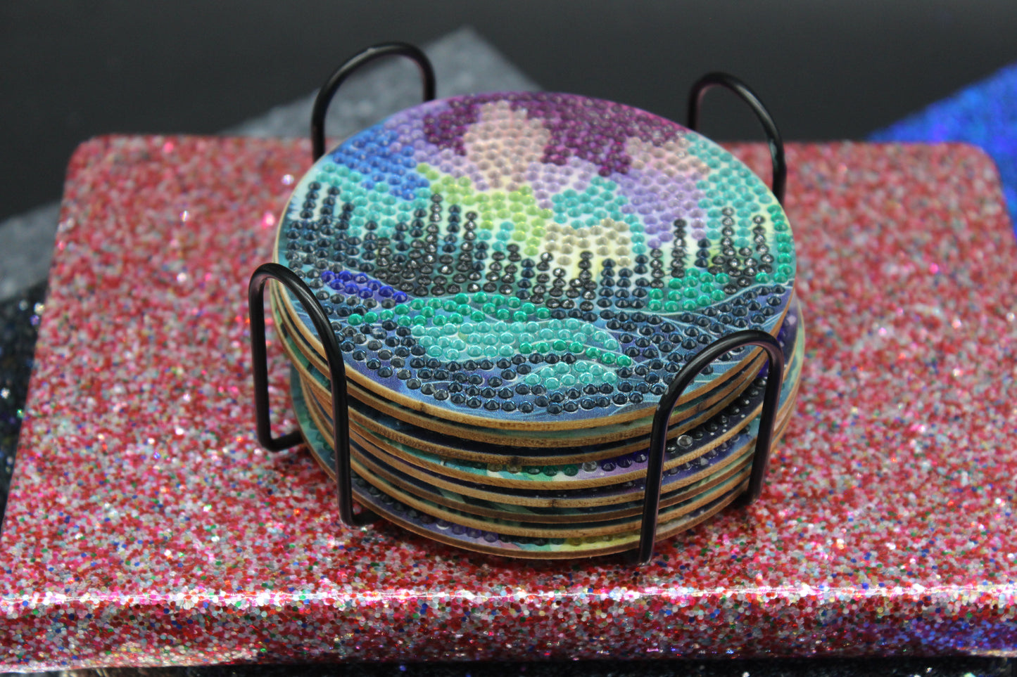 Great Colorful Aurora Borealis (8pcs) Coaster set with Metal Stand