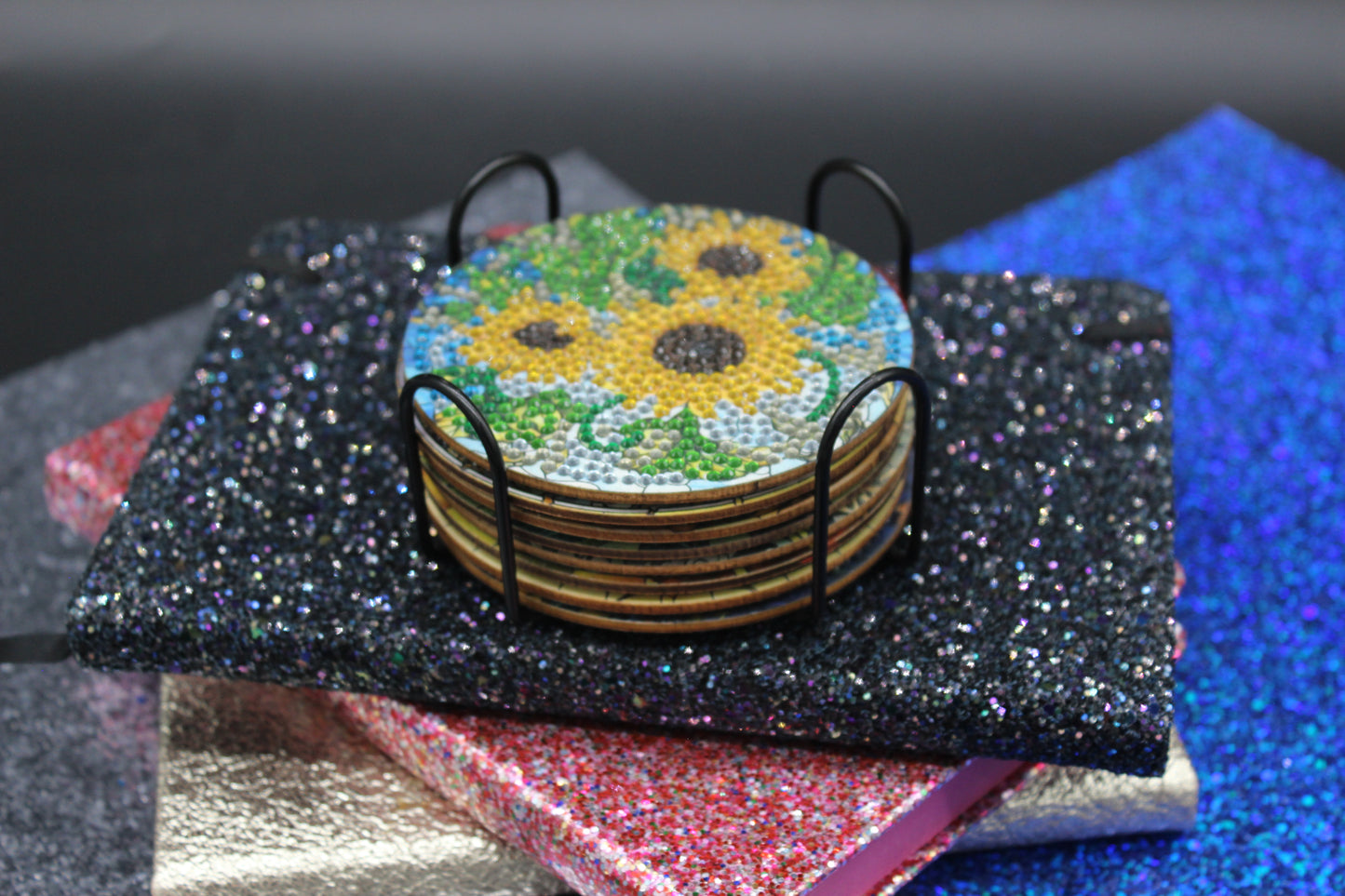 Great Colorful Flowers and Butterflies (8pcs) Coaster set with Metal Stand
