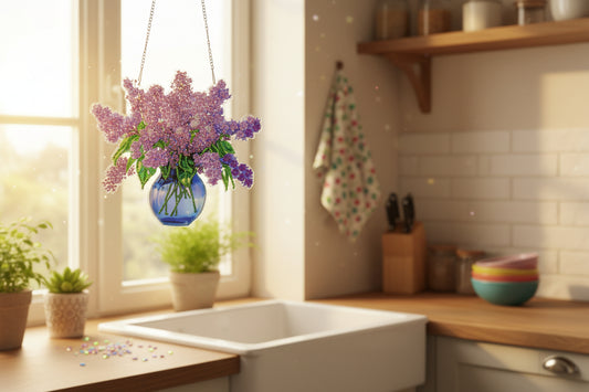Beautifully Colored Hanging Diamond Art Suncatcher Blue Case full of Purple Flowers