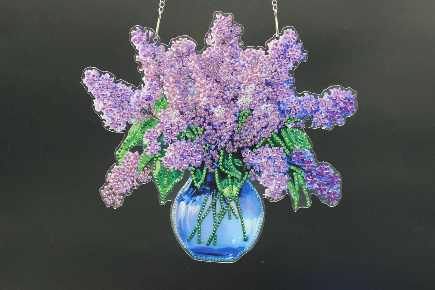Beautifully Colored Hanging Diamond Art Suncatcher Blue Case full of Purple Flowers