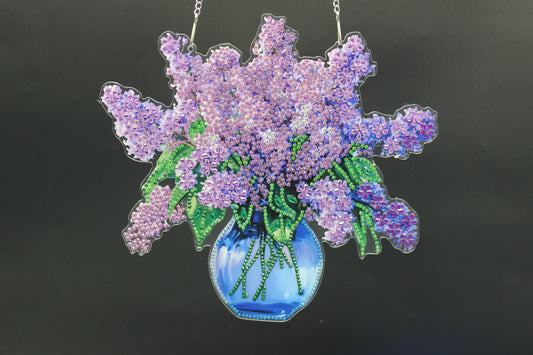 Beautifully Colored Hanging Diamond Art Suncatcher Blue Case full of Purple Flowers