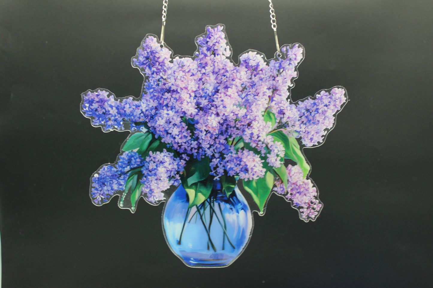 Beautifully Colored Hanging Diamond Art Suncatcher Blue Case full of Purple Flowers