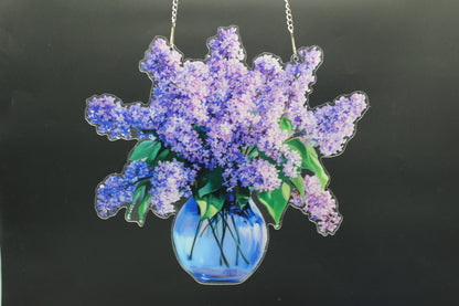 Beautifully Colored Hanging Diamond Art Suncatcher Blue Case full of Purple Flowers