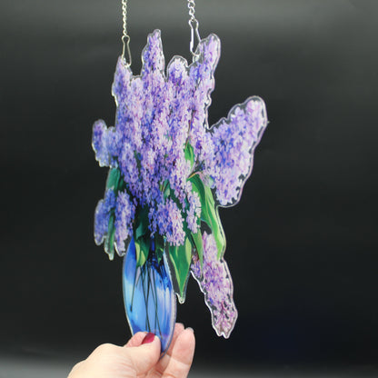 Beautifully Colored Hanging Diamond Art Suncatcher Blue Case full of Purple Flowers