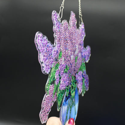 Beautifully Colored Hanging Diamond Art Suncatcher Blue Case full of Purple Flowers