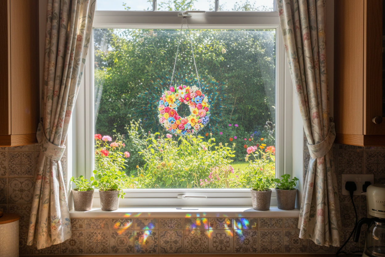 Beautifully Colored Hanging Diamond Art Suncatcher Round Wreath with Multi Colored Flowers