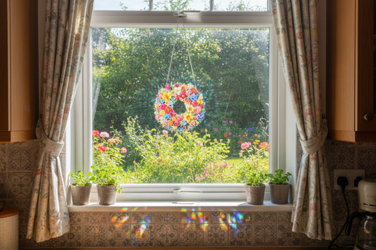 Beautifully Colored Hanging Diamond Art Suncatcher Round Wreath with Multi Colored Flowers
