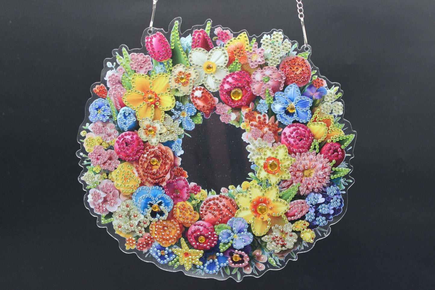 Beautifully Colored Hanging Diamond Art Suncatcher Round Wreath with Multi Colored Flowers