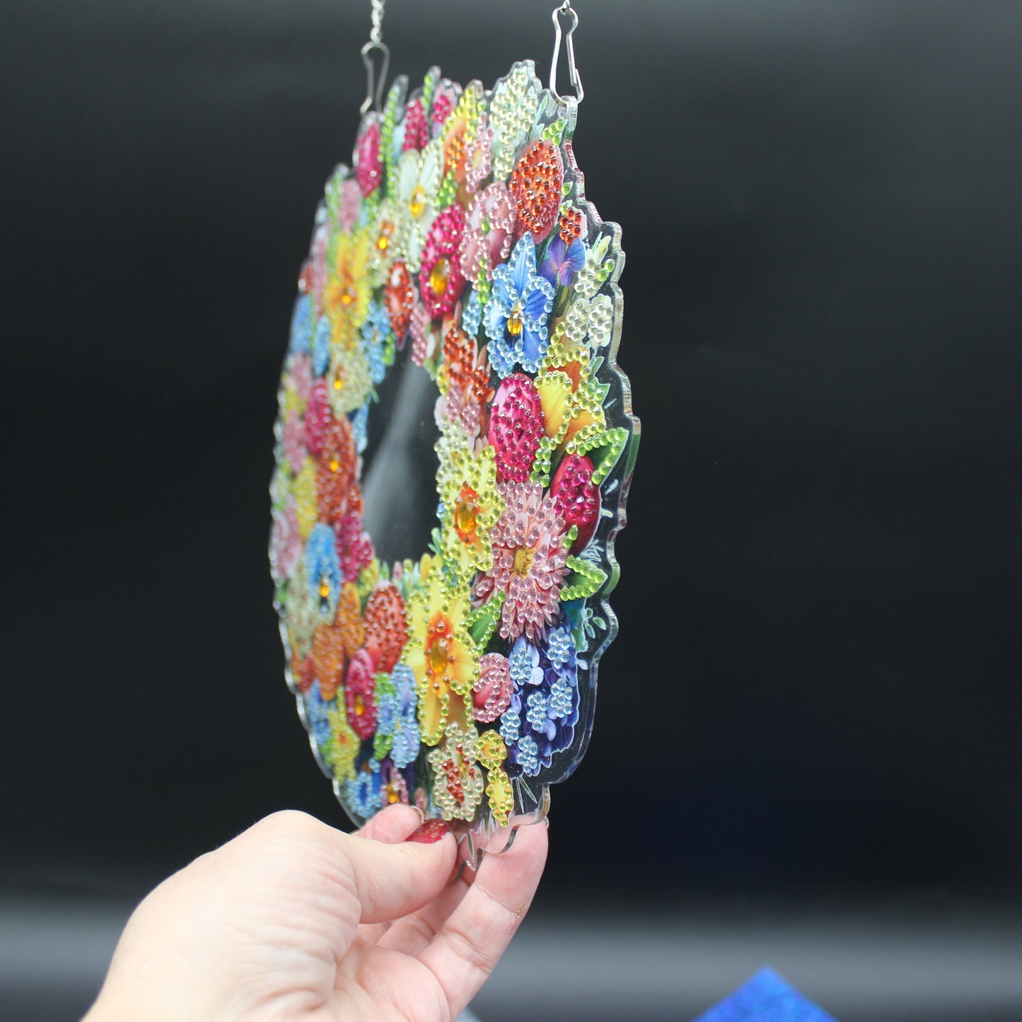 Beautifully Colored Hanging Diamond Art Suncatcher Round Wreath with Multi Colored Flowers