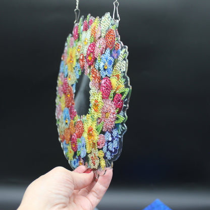 Beautifully Colored Hanging Diamond Art Suncatcher Round Wreath with Multi Colored Flowers