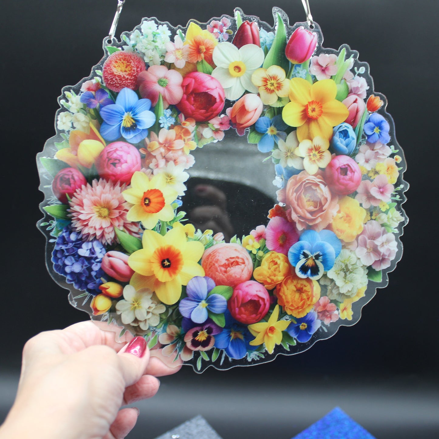 Beautifully Colored Hanging Diamond Art Suncatcher Round Wreath with Multi Colored Flowers
