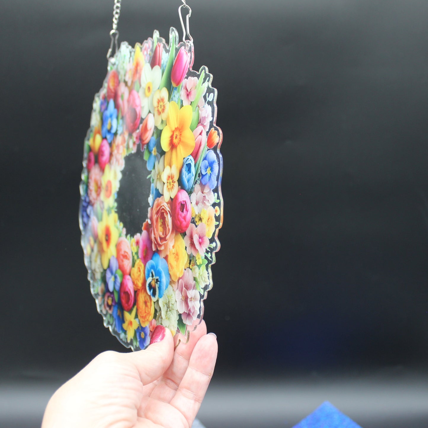 Beautifully Colored Hanging Diamond Art Suncatcher Round Wreath with Multi Colored Flowers
