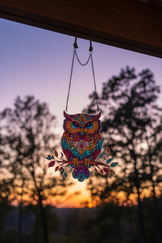 Multi Colored Hanging Diamond Art Suncatcher Small Majestic Owl