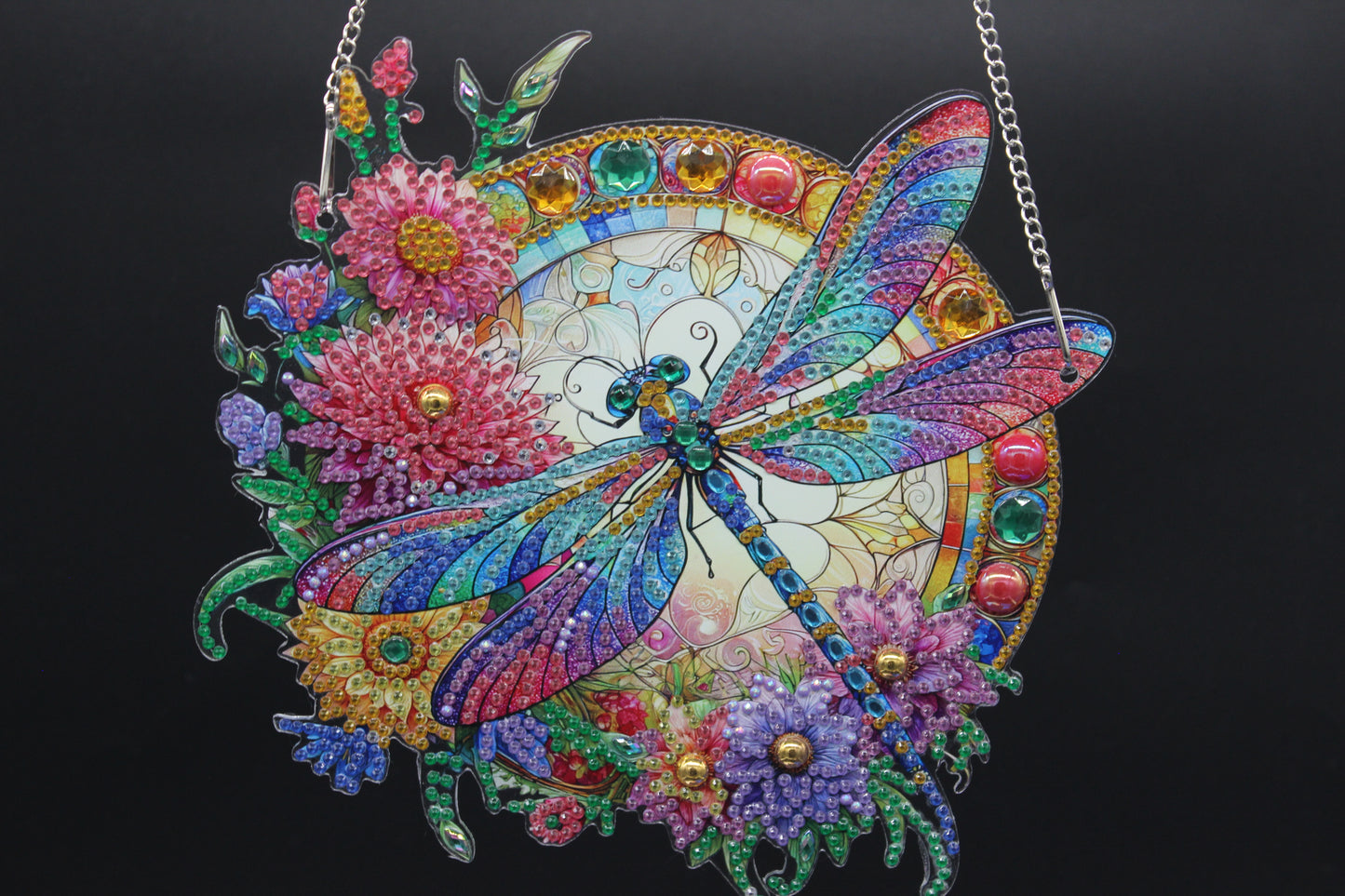 Beautifully Colored Hanging Diamond Art Suncatcher Round with a Colorful Dragonfly and Flowers