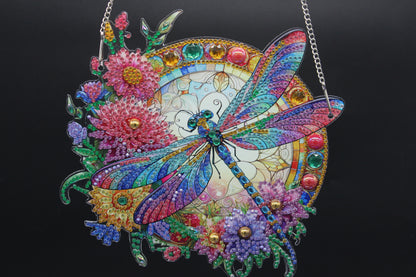 Beautifully Colored Hanging Diamond Art Suncatcher Round with a Colorful Dragonfly and Flowers