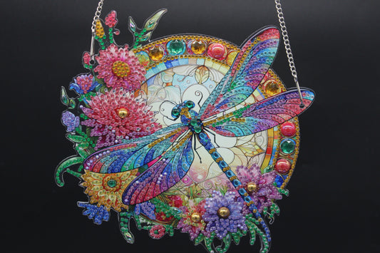 Beautifully Colored Hanging Diamond Art Suncatcher Round with a Colorful Dragonfly and Flowers