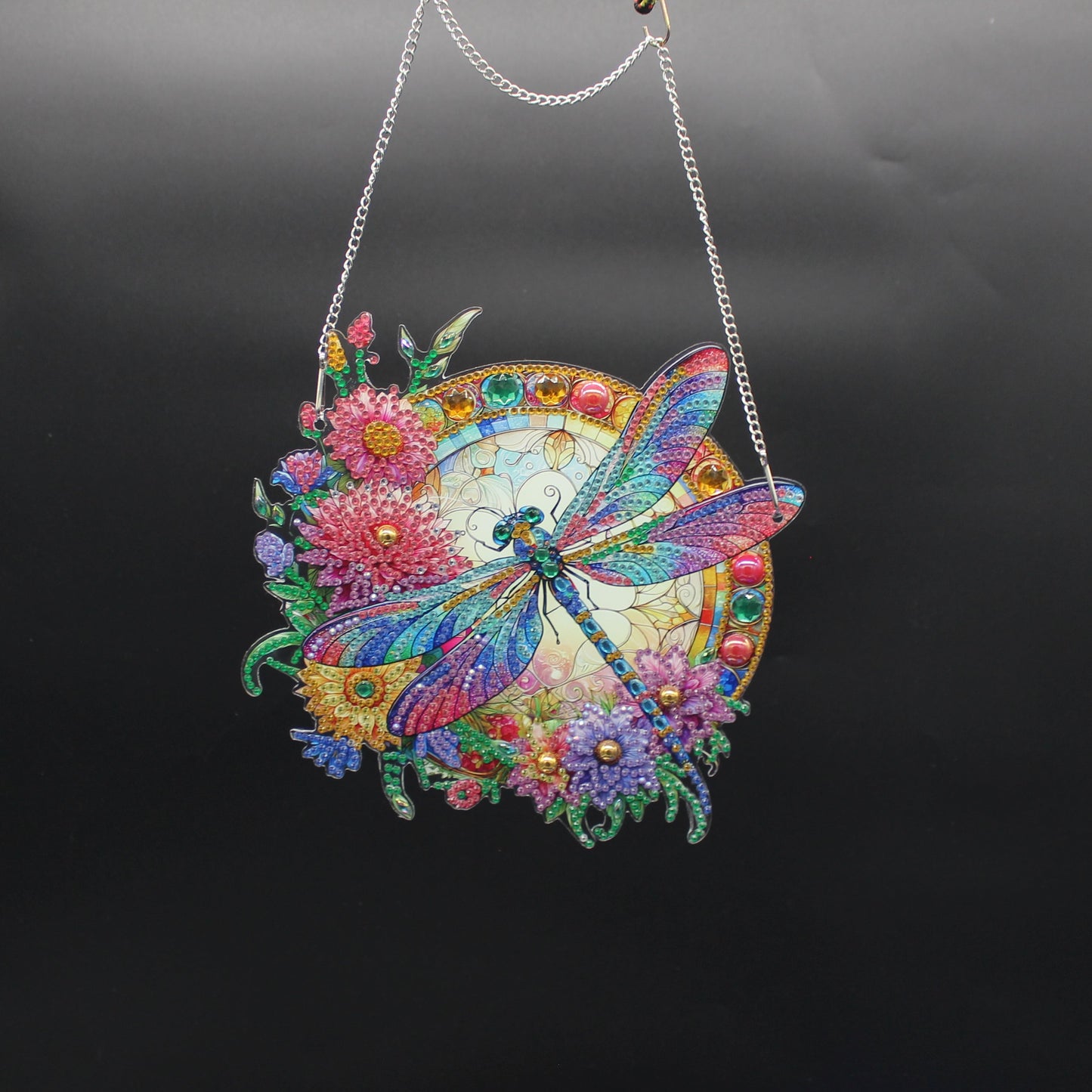 Beautifully Colored Hanging Diamond Art Suncatcher Round with a Colorful Dragonfly and Flowers