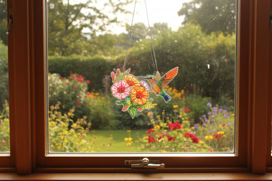 Beautifully Colored Hanging Diamond Art Suncatcher Multi Flower with a Hummingbird