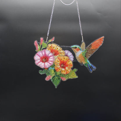 Beautifully Colored Hanging Diamond Art Suncatcher Multi Flower with a Hummingbird