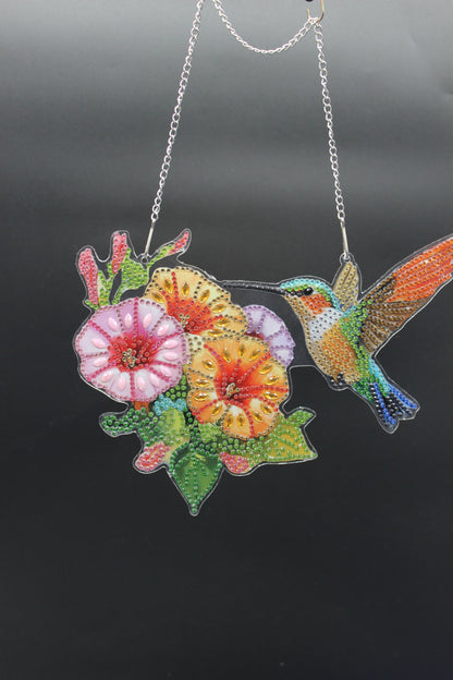 Beautifully Colored Hanging Diamond Art Suncatcher Multi Flower with a Hummingbird