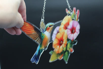 Beautifully Colored Hanging Diamond Art Suncatcher Multi Flower with a Hummingbird