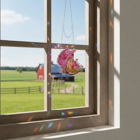Beautifully Colored Hanging Diamond Art Suncatcher with Pink Cowboy Hat and Sparkly Boots