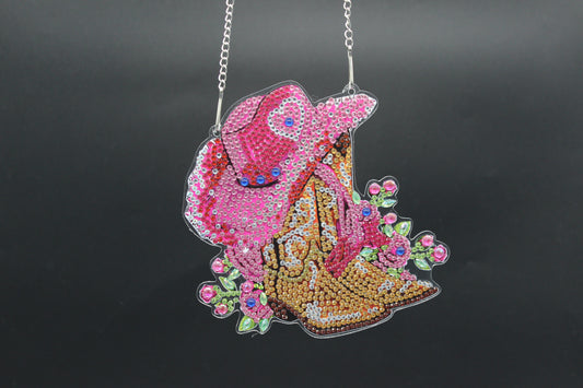 Beautifully Colored Hanging Diamond Art Suncatcher with Pink Cowboy Hat and Sparkly Boots