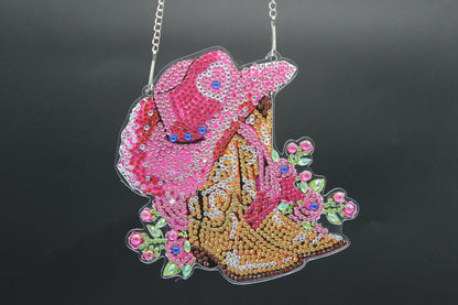 Beautifully Colored Hanging Diamond Art Suncatcher with Pink Cowboy Hat and Sparkly Boots
