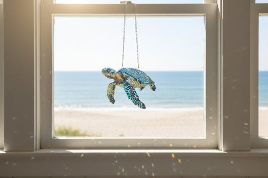 Beautifully Colored Hanging Diamond Art Suncatcher of a Sea Turtle with Blue Shell