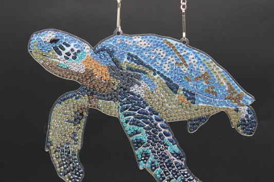 Beautifully Colored Hanging Diamond Art Suncatcher of a Sea Turtle with Blue Shell