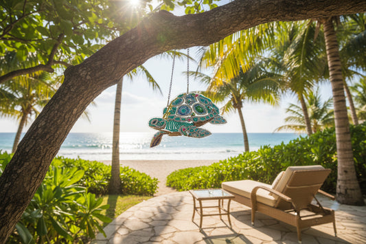 Beautifully Colored Hanging Diamond Art Suncatcher of a Sea Turtle with with Multi Colored Shell