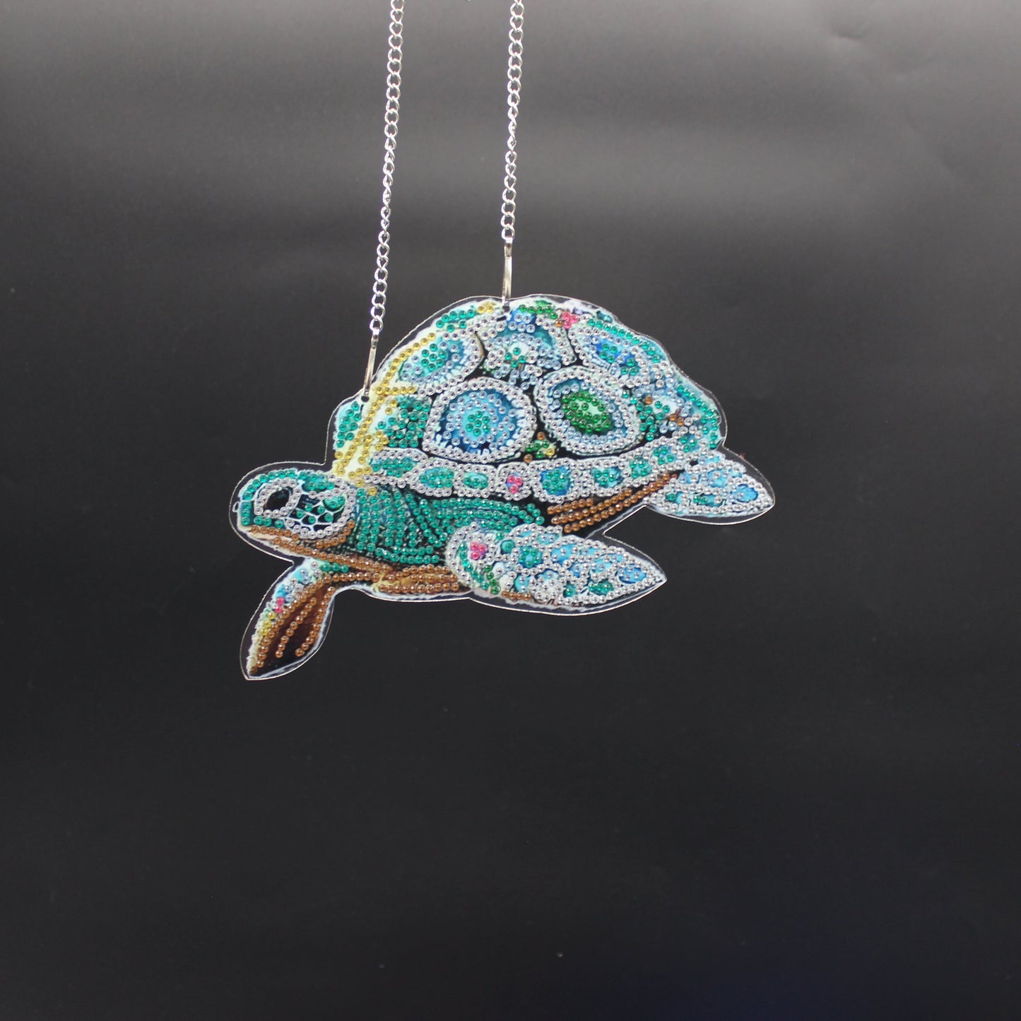 Beautifully Colored Hanging Diamond Art Suncatcher of a Sea Turtle with with Multi Colored Shell