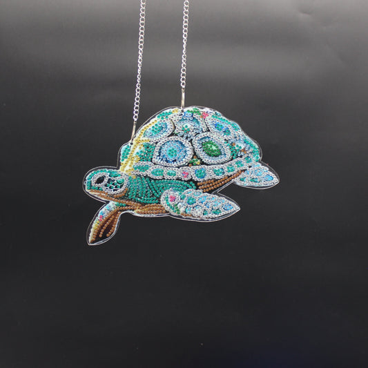 Beautifully Colored Hanging Diamond Art Suncatcher of a Sea Turtle with with Multi Colored Shell