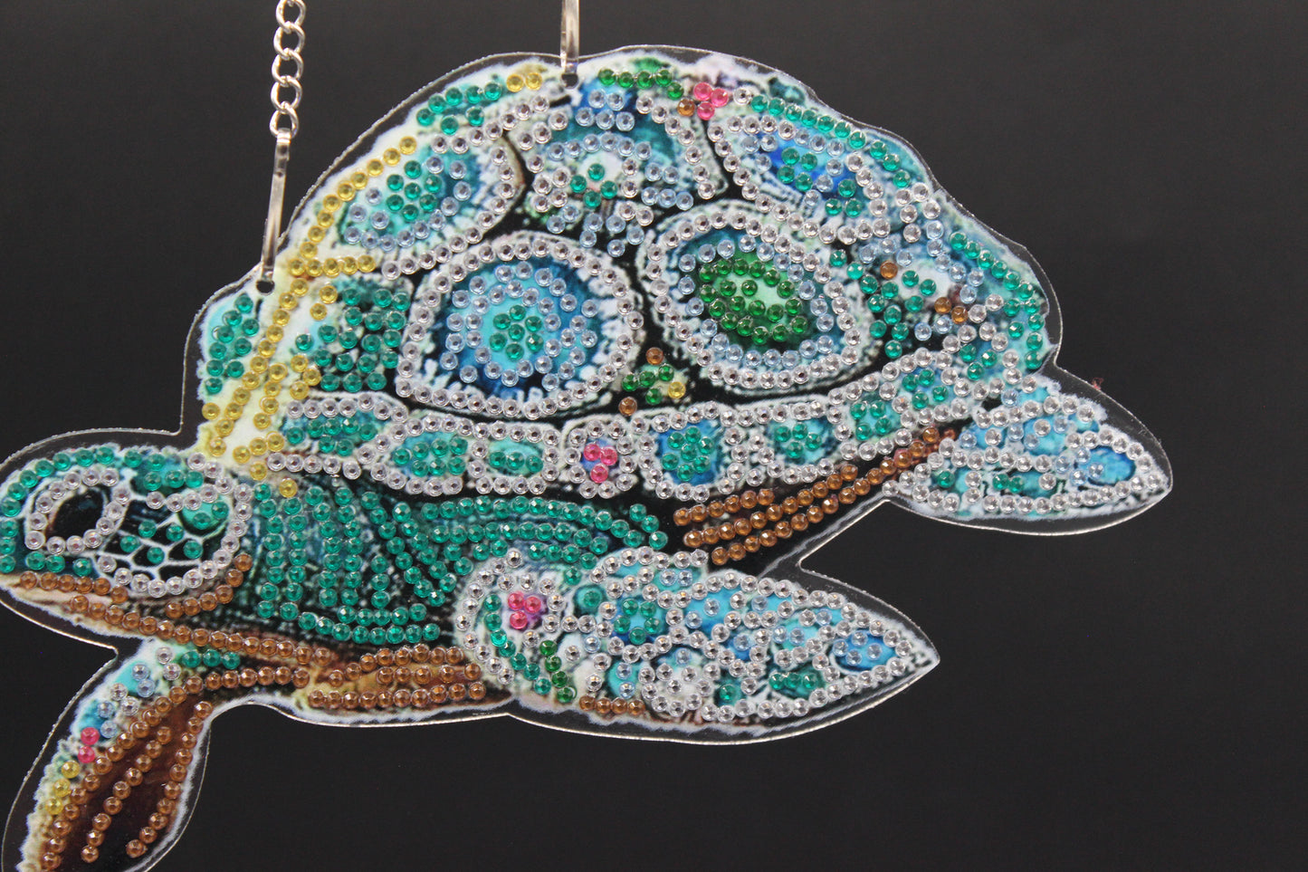 Beautifully Colored Hanging Diamond Art Suncatcher of a Sea Turtle with with Multi Colored Shell