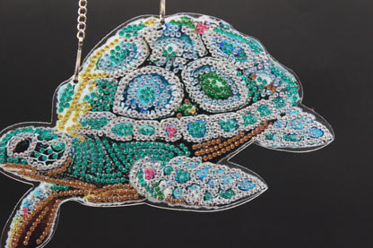 Beautifully Colored Hanging Diamond Art Suncatcher of a Sea Turtle with with Multi Colored Shell