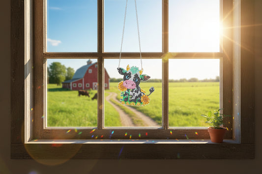 Multi Colored Hanging Diamond Art Suncatcher Small Cut Cow