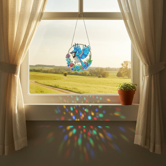 Multi Colored Suncatcher Diamond Art with a Blue Jay among Multi Colored Flowers