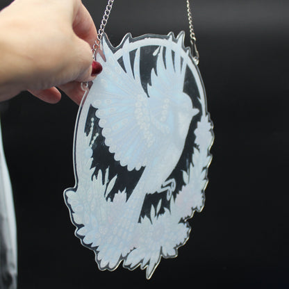 Multi Colored Suncatcher Diamond Art with a Blue Jay among Multi Colored Flowers