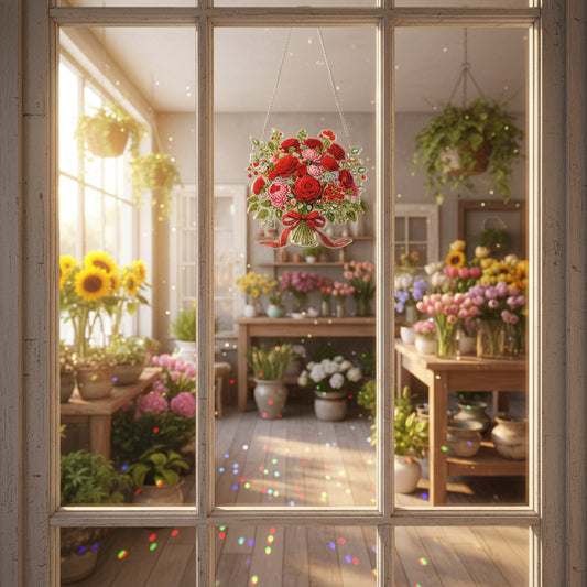 Beautifully Hanging Diamond Art Suncatcher of Bouquet of Multi colored Flowers