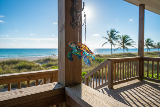 Beautifully Colored Hanging Diamond Art Suncatcher of a Sea Turtle with Brown Shell
