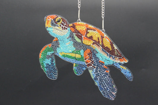 Beautifully Colored Hanging Diamond Art Suncatcher of a Sea Turtle with Brown Shell