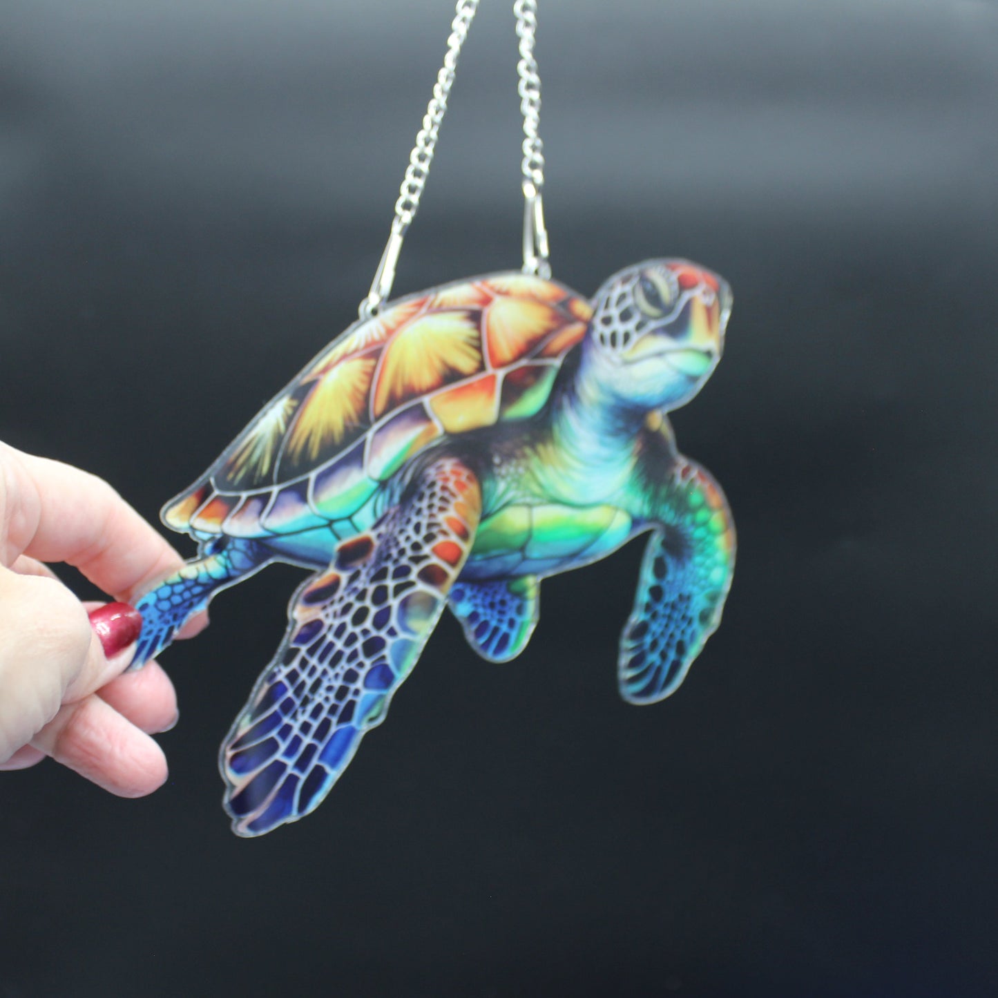 Beautifully Colored Hanging Diamond Art Suncatcher of a Sea Turtle with Brown Shell