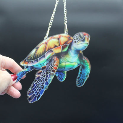 Beautifully Colored Hanging Diamond Art Suncatcher of a Sea Turtle with Brown Shell