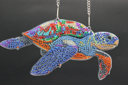 Beautifully Colored Hanging Diamond Art Suncatcher of a Sea Turtle with Multi Colored Shell