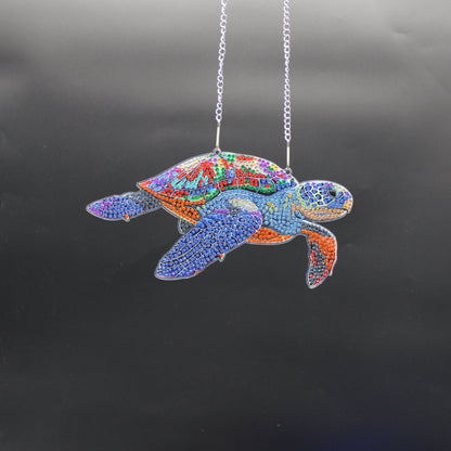 Beautifully Colored Hanging Diamond Art Suncatcher of a Sea Turtle with Multi Colored Shell