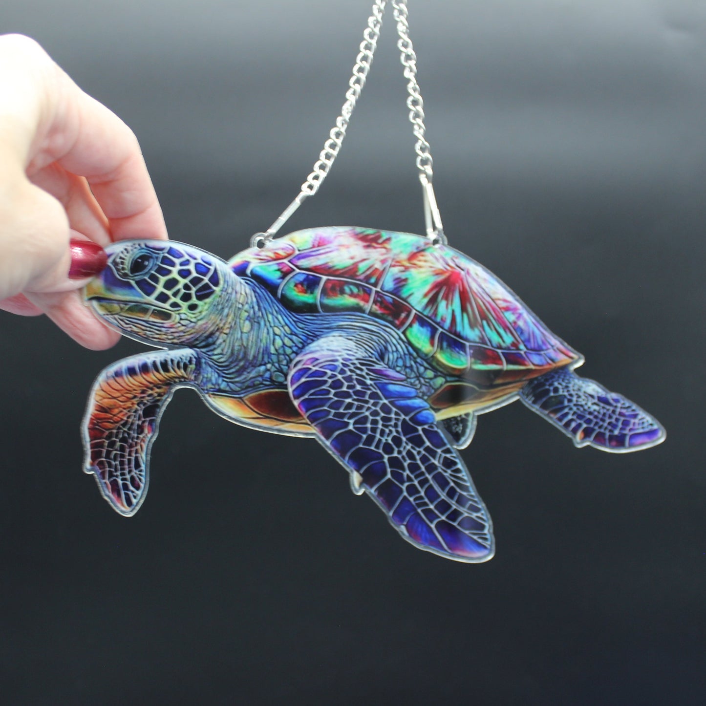 Beautifully Colored Hanging Diamond Art Suncatcher of a Sea Turtle with Multi Colored Shell