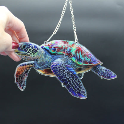 Beautifully Colored Hanging Diamond Art Suncatcher of a Sea Turtle with Multi Colored Shell
